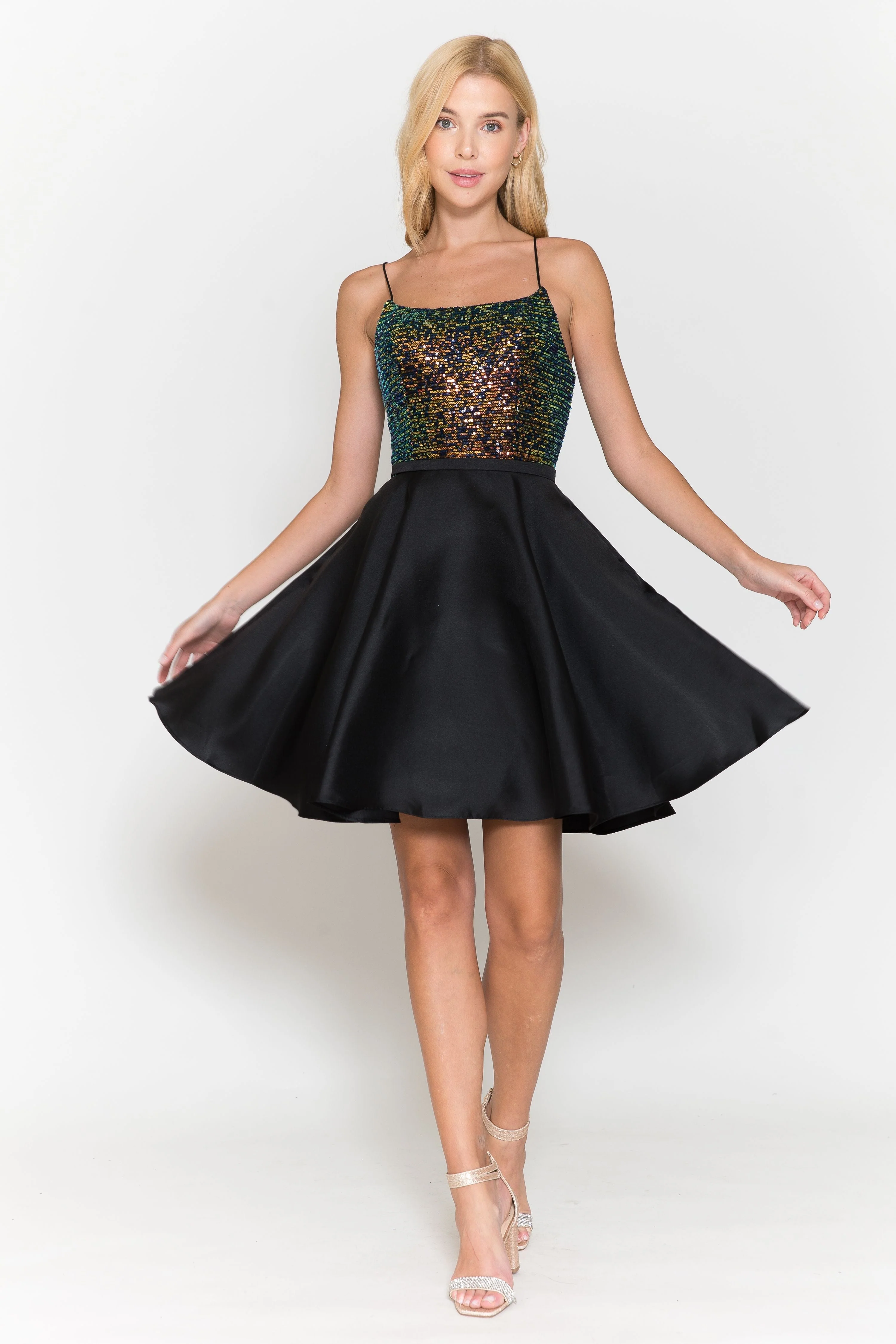 Poly USA 8730 Short Sequin Bodice A-line Dress