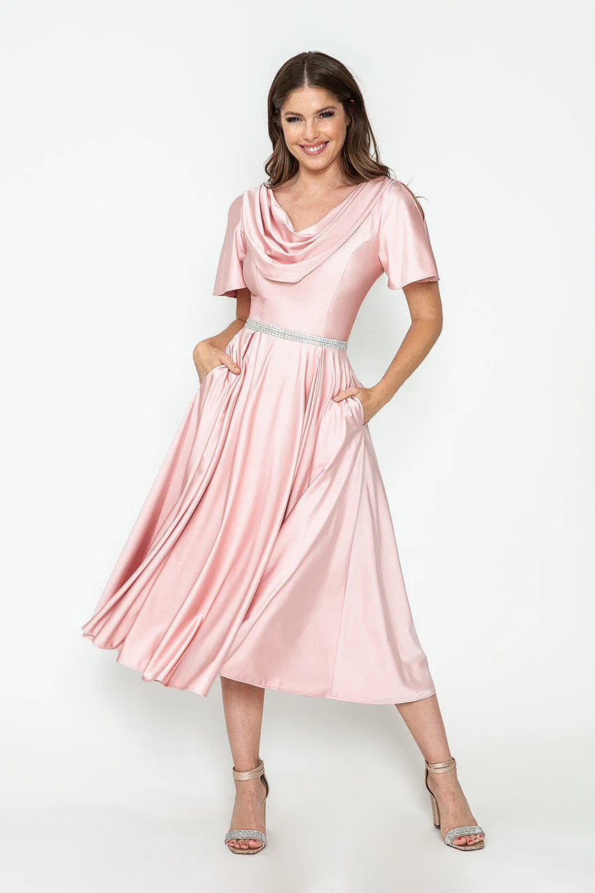 Lenovia 5296 Short Sleeve Satin Cowl Neck Tea Length Dress