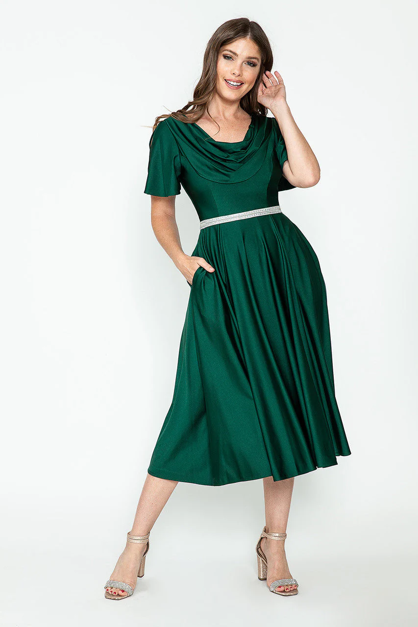 Lenovia 5296 Short Sleeve Satin Cowl Neck Tea Length Dress - Image 3