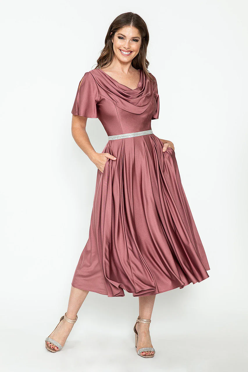 Lenovia 5296 Short Sleeve Satin Cowl Neck Tea Length Dress - Image 4