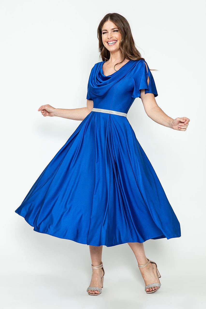 Lenovia 5296 Short Sleeve Satin Cowl Neck Tea Length Dress - Image 5