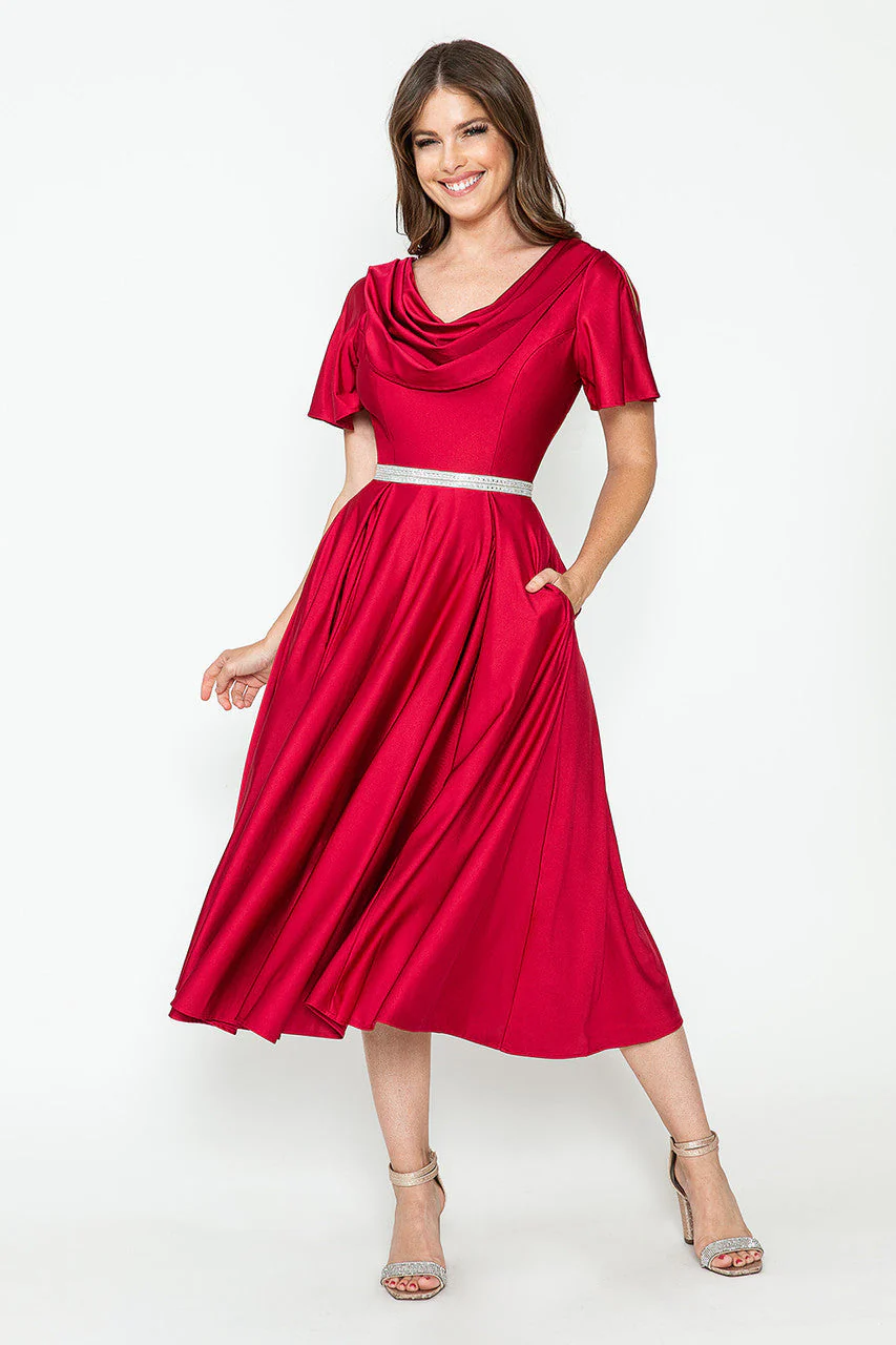 Lenovia 5296 Short Sleeve Satin Cowl Neck Tea Length Dress - Image 6