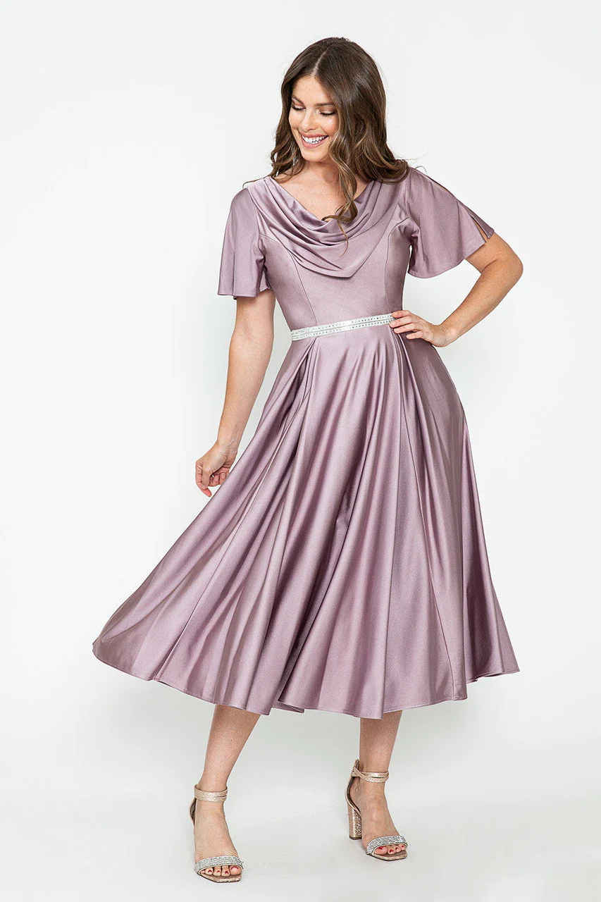 Lenovia 5296 Short Sleeve Satin Cowl Neck Tea Length Dress - Image 7