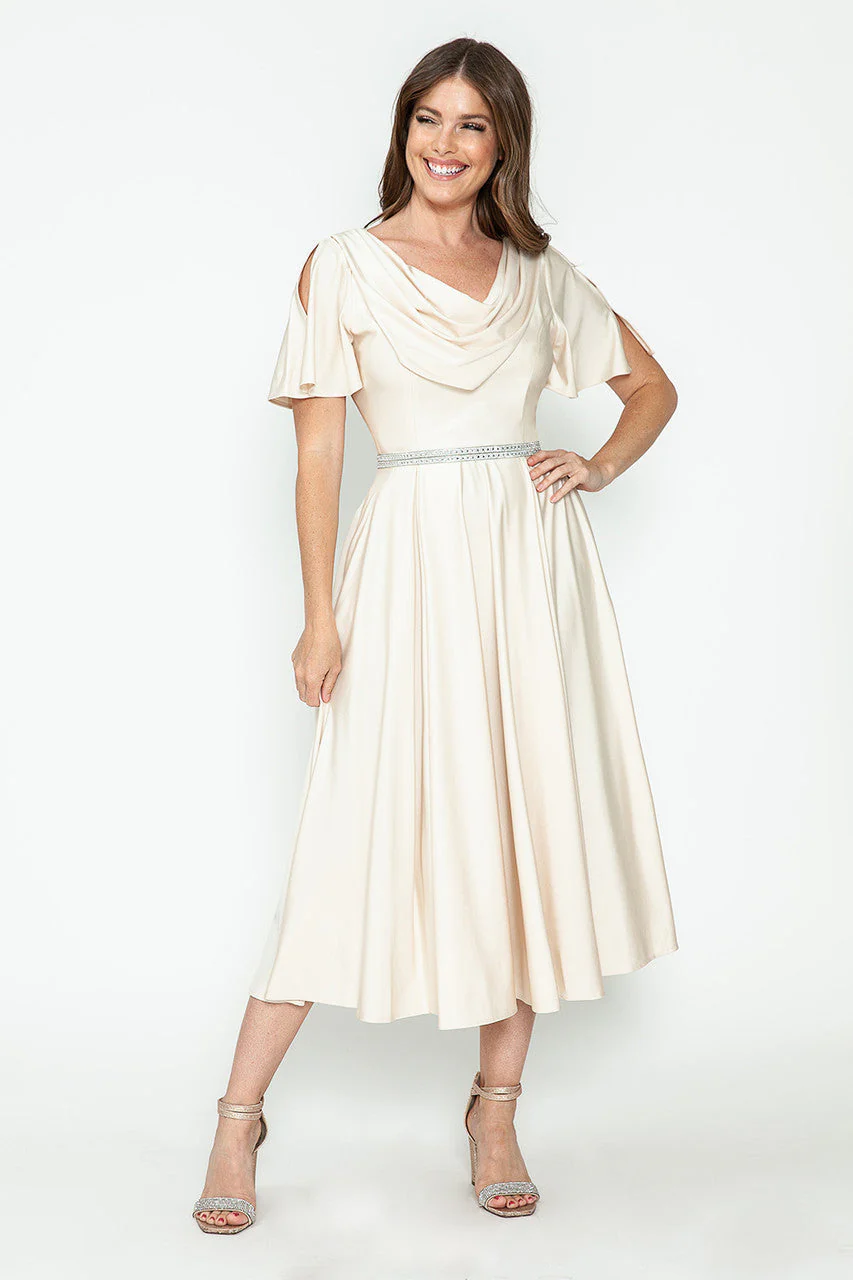 Lenovia 5296 Short Sleeve Satin Cowl Neck Tea Length Dress - Image 8