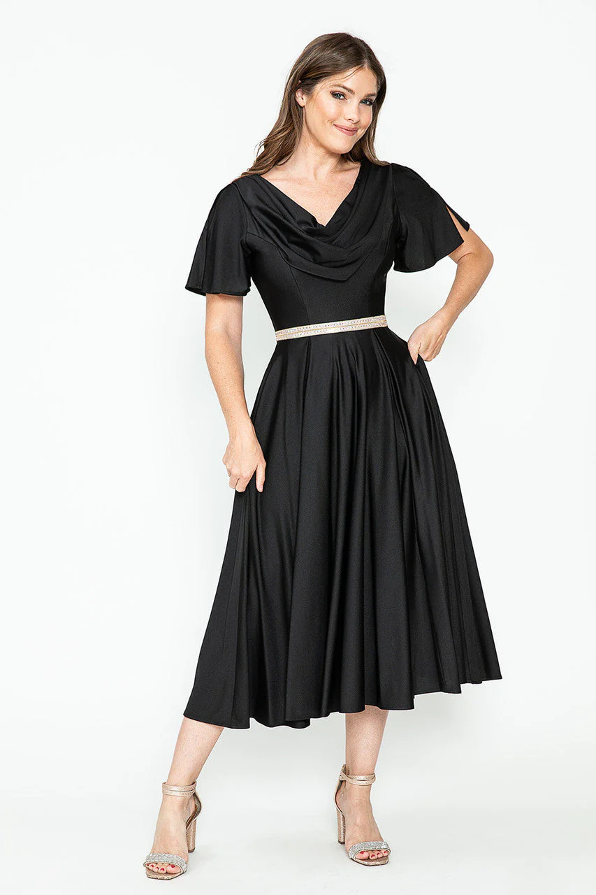 Lenovia 5296 Short Sleeve Satin Cowl Neck Tea Length Dress - Image 9
