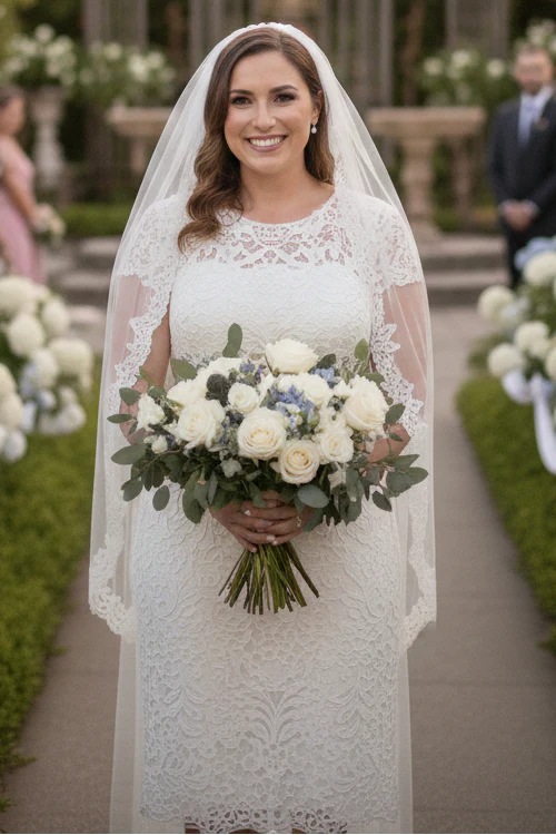 Short Sleeve Ivory Wedding Dress Modest Lace Knee Length Bridal Attire - Image 3