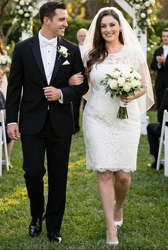 Short Sleeve Ivory Wedding Dress Modest Lace Knee Length Bridal Attire - Image 4