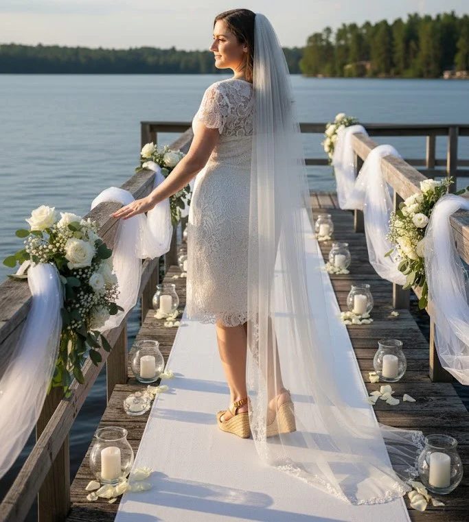 Short Sleeve Ivory Wedding Dress Modest Lace Knee Length Bridal Attire - Image 5