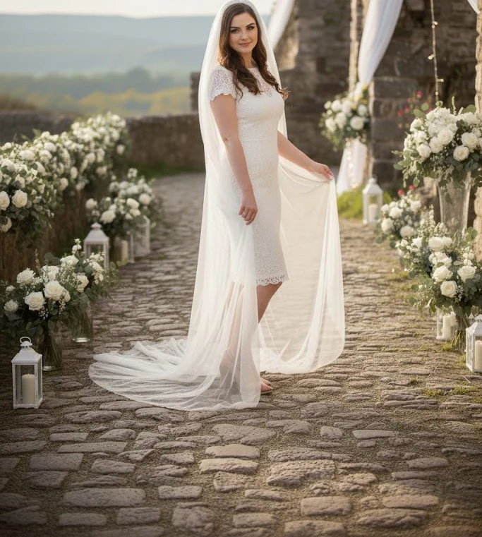 Short Sleeve Ivory Wedding Dress Modest Lace Knee Length Bridal Attire - Image 6
