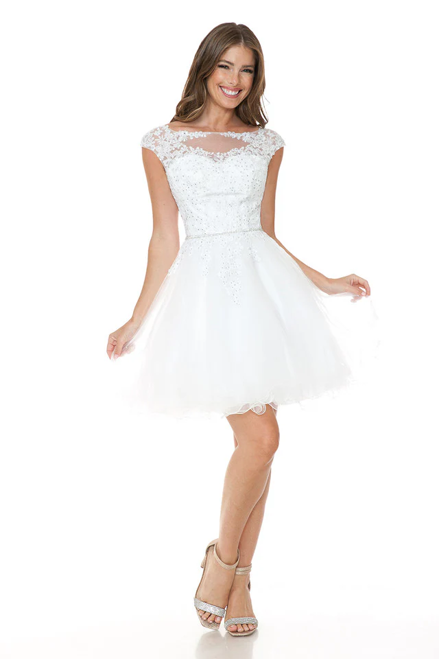 Short Tulle Party Dress with Lace Bodice & Illusion Scoop Neckline By Lenovia 8177 - Image 13