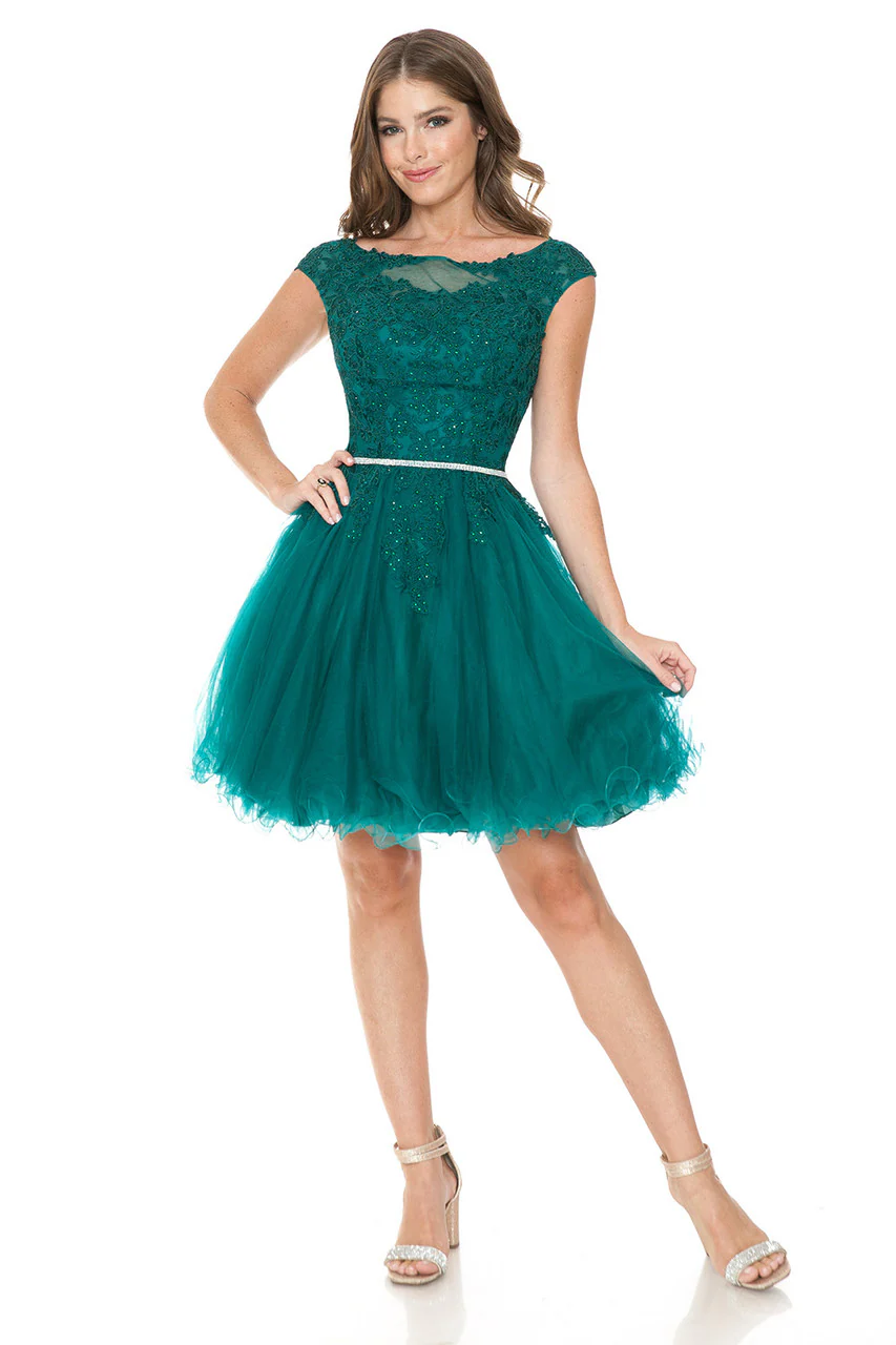 Short Tulle Party Dress with Lace Bodice & Illusion Scoop Neckline By Lenovia 8177 - Image 6