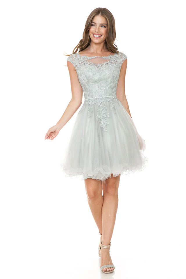 Short Tulle Party Dress with Lace Bodice & Illusion Scoop Neckline By Lenovia 8177 - Image 9