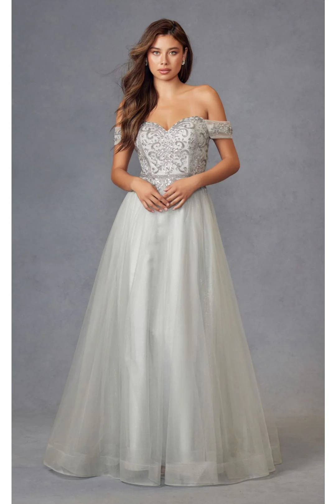 Silver Bridesmaid Dresses-Inexpensive Beaded Off-Shoulder Juliet 287