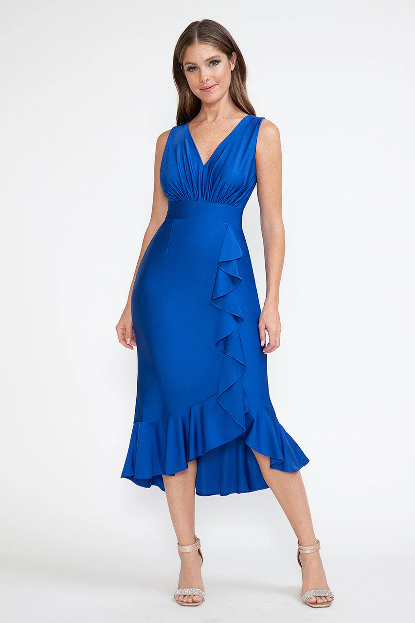 Lenovia 5280 Ruffled High Low Stretch Midi Dress with Open Back - Image 3