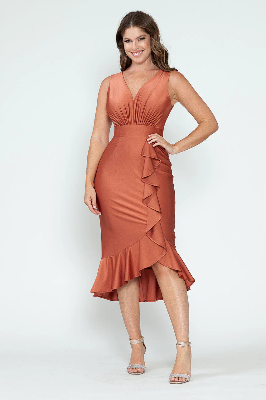 Lenovia 5280 Ruffled High Low Stretch Midi Dress with Open Back - Image 4