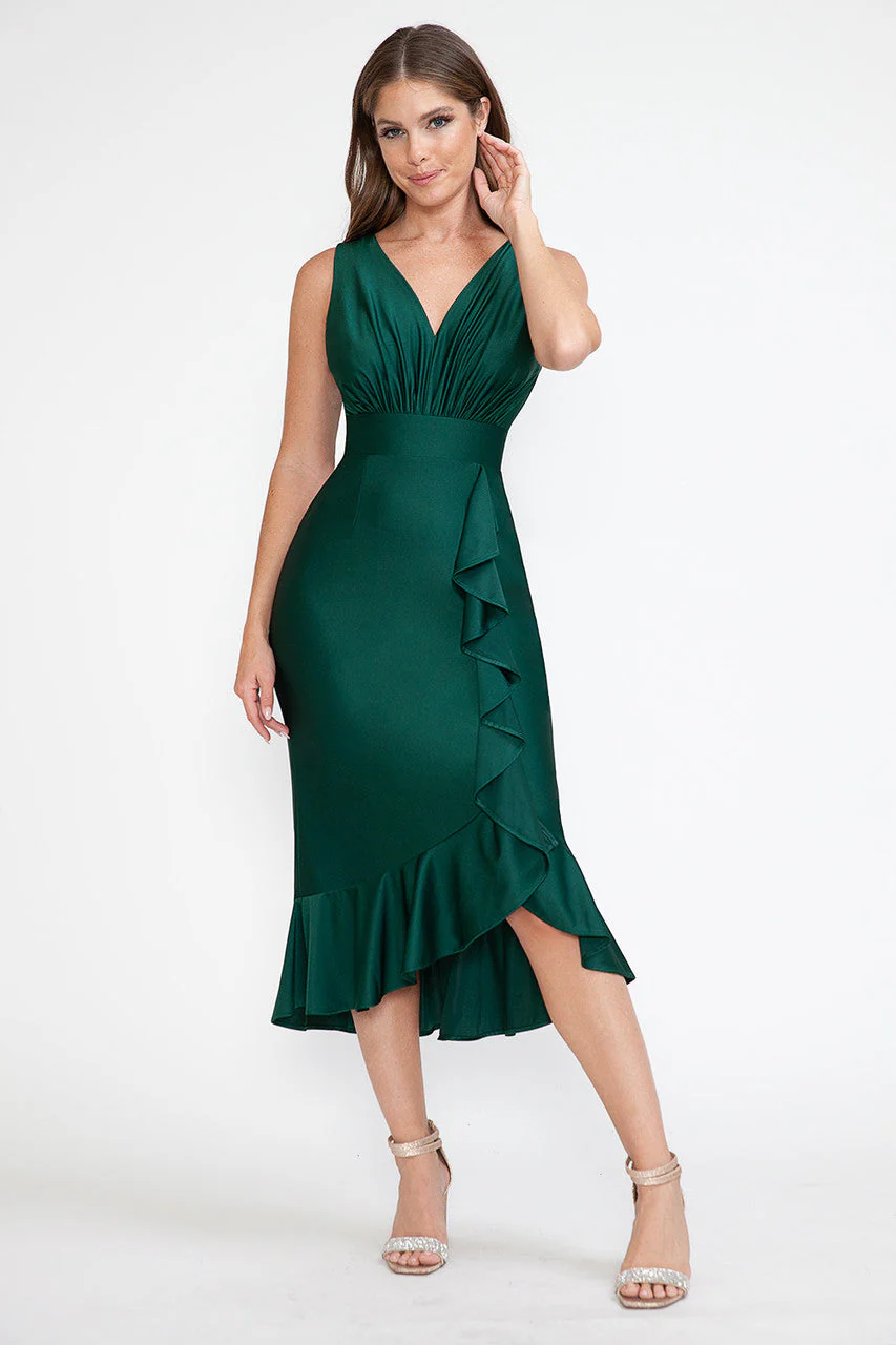 Lenovia 5280 Ruffled High Low Stretch Midi Dress with Open Back - Image 5