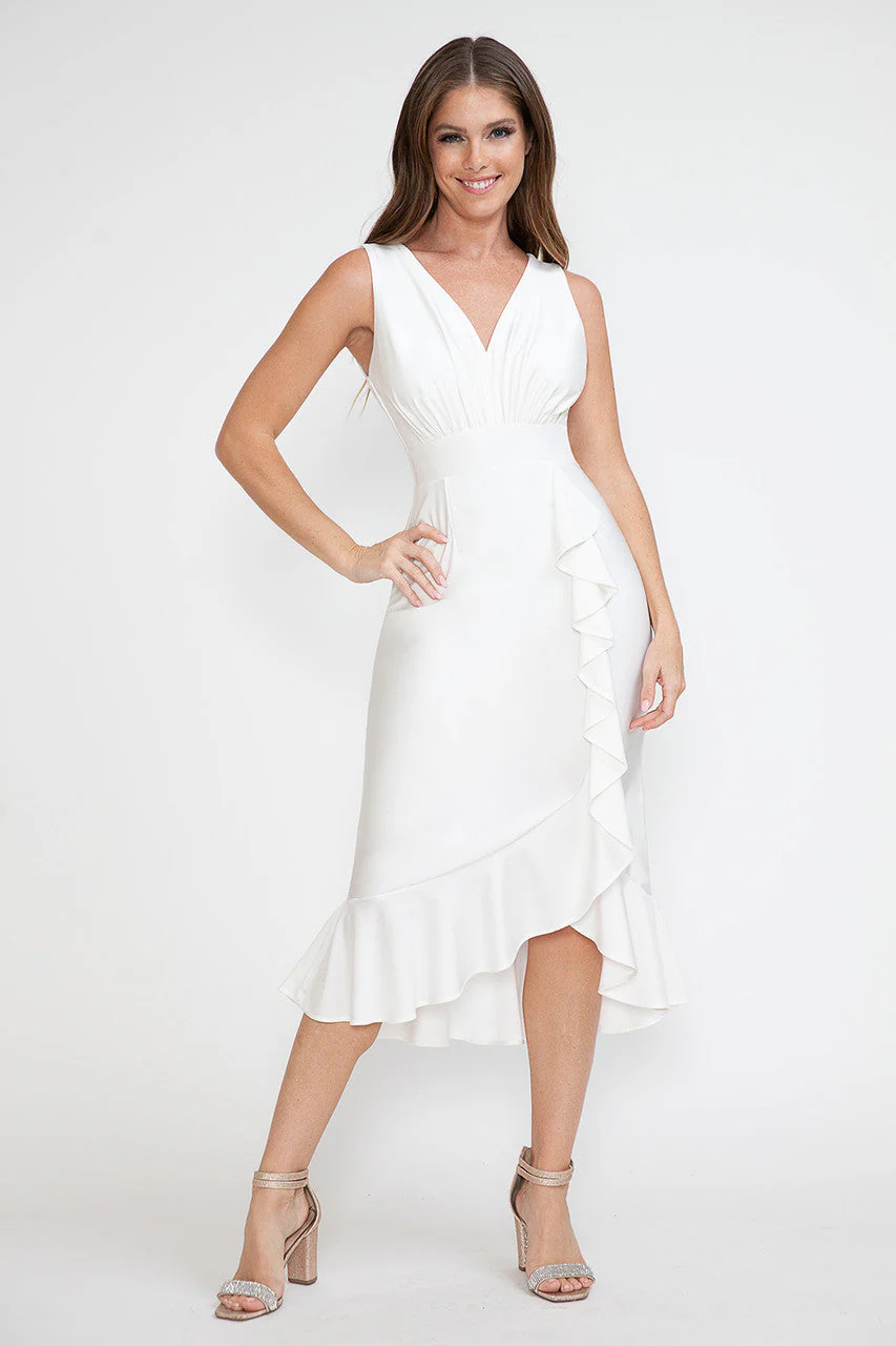 Lenovia 5280 Ruffled High Low Stretch Midi Dress with Open Back - Image 7