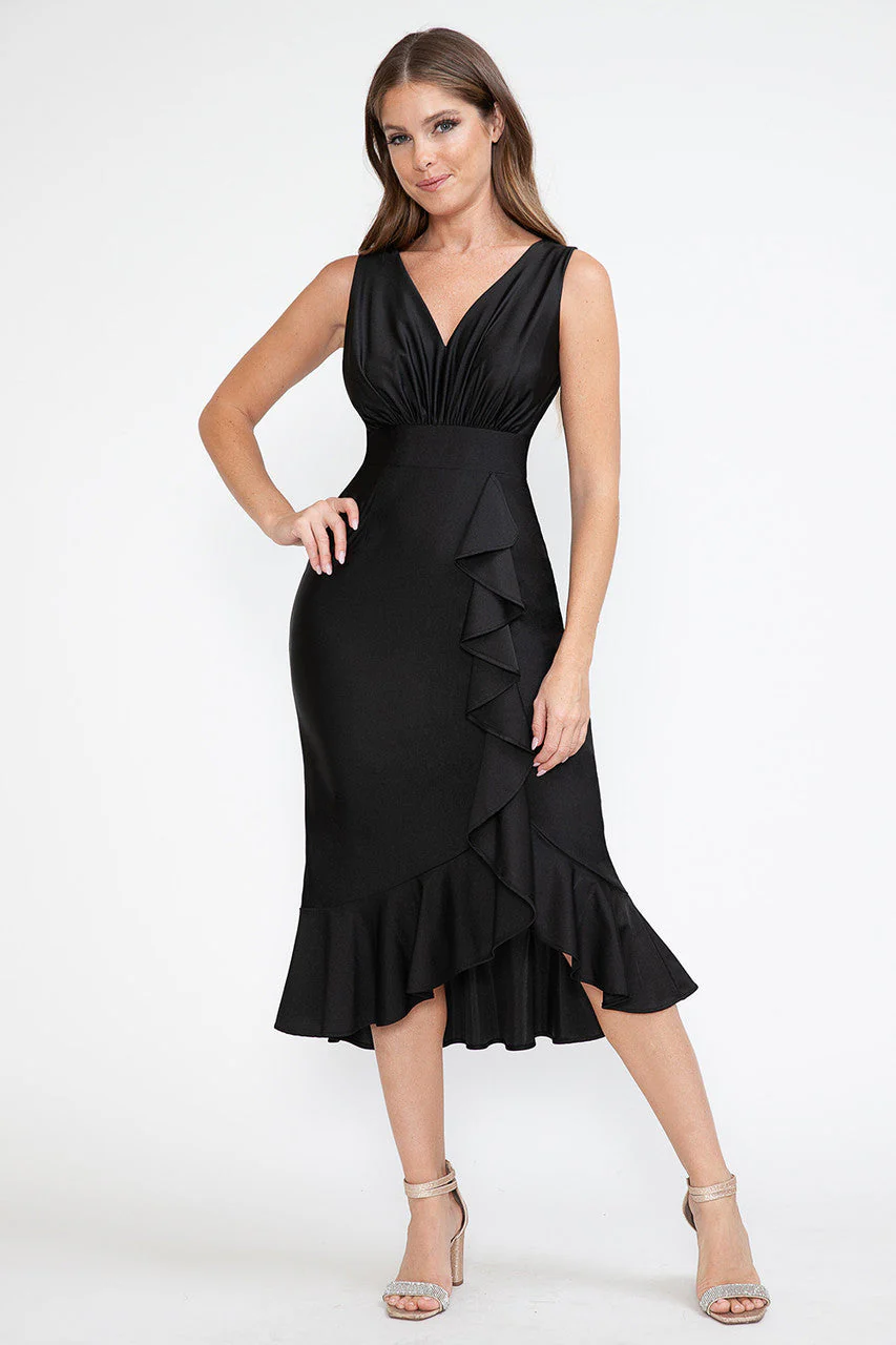 Lenovia 5280 Ruffled High Low Stretch Midi Dress with Open Back - Image 8