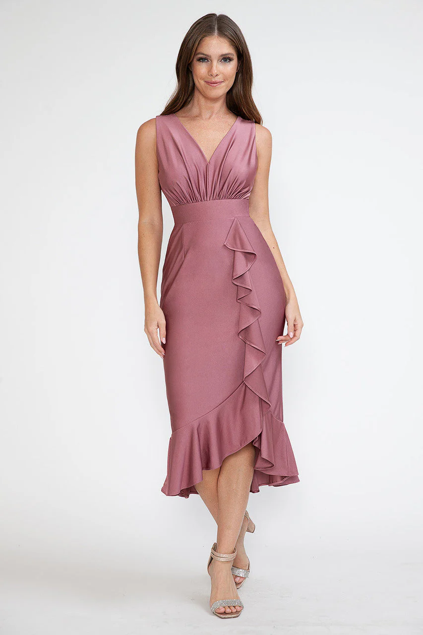 Lenovia 5280 Ruffled High Low Stretch Midi Dress with Open Back - Image 9