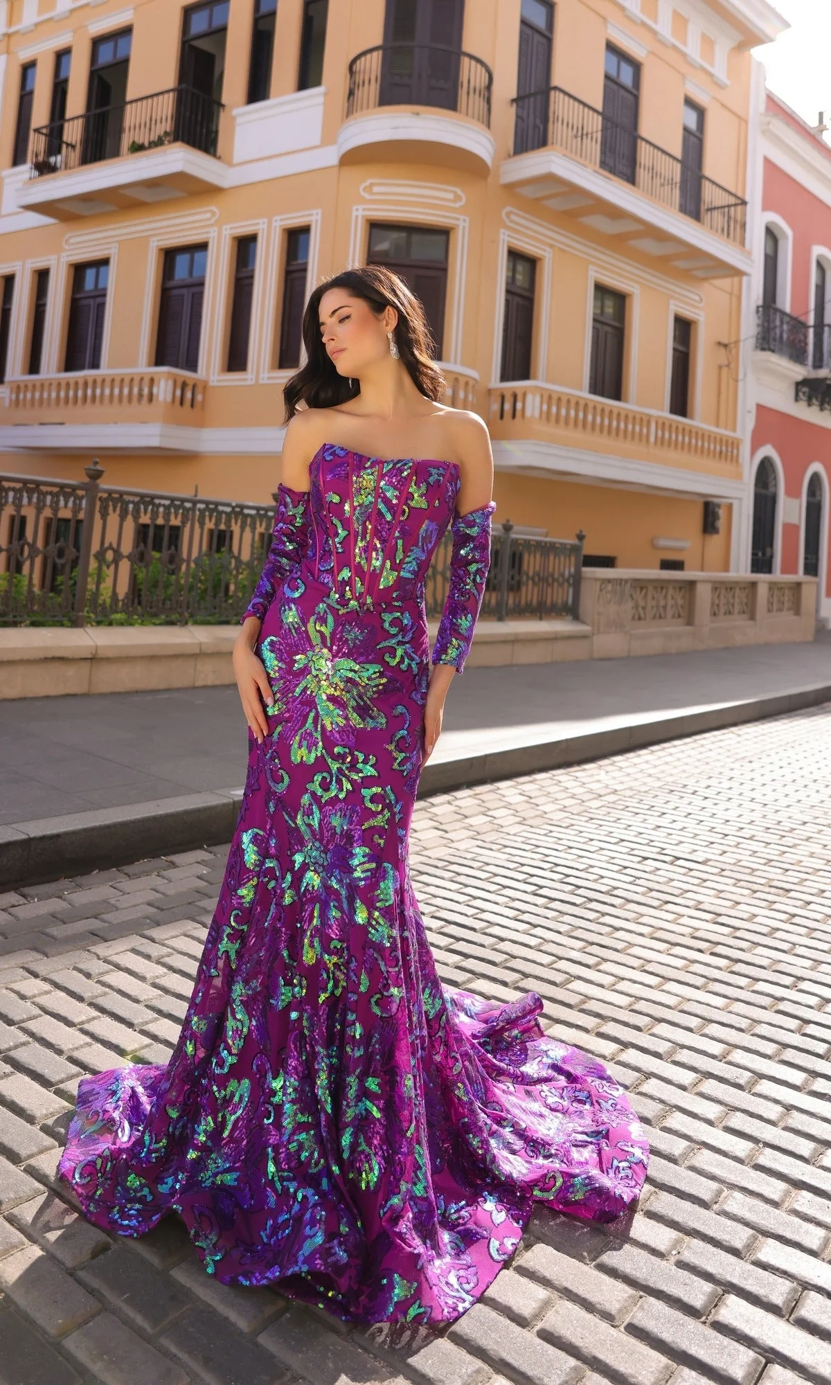 Nox Anabel R1268 Strapless Prom Dress with Sequin Print