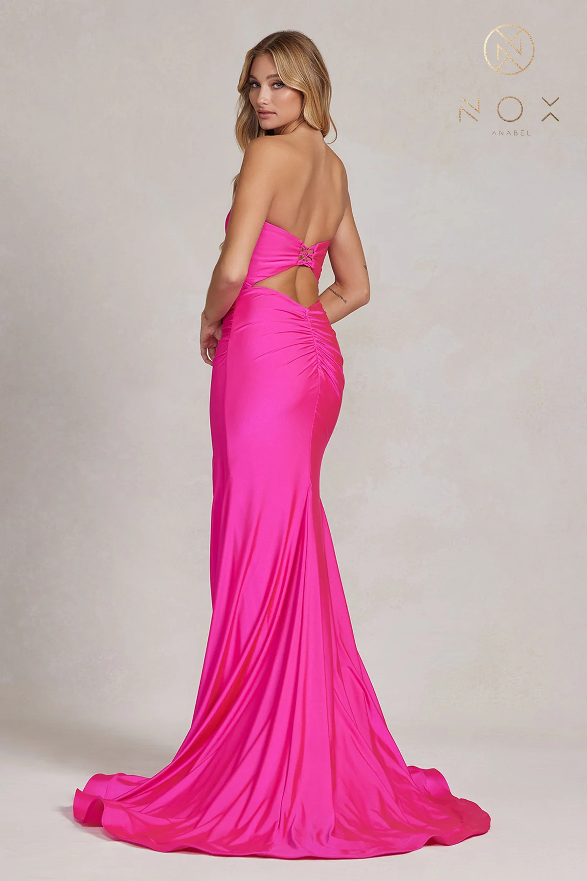Strapless Ruched Satin Prom Dress with Lace-Up Back & High Slit by Nox Anabel T1139 - Image 10