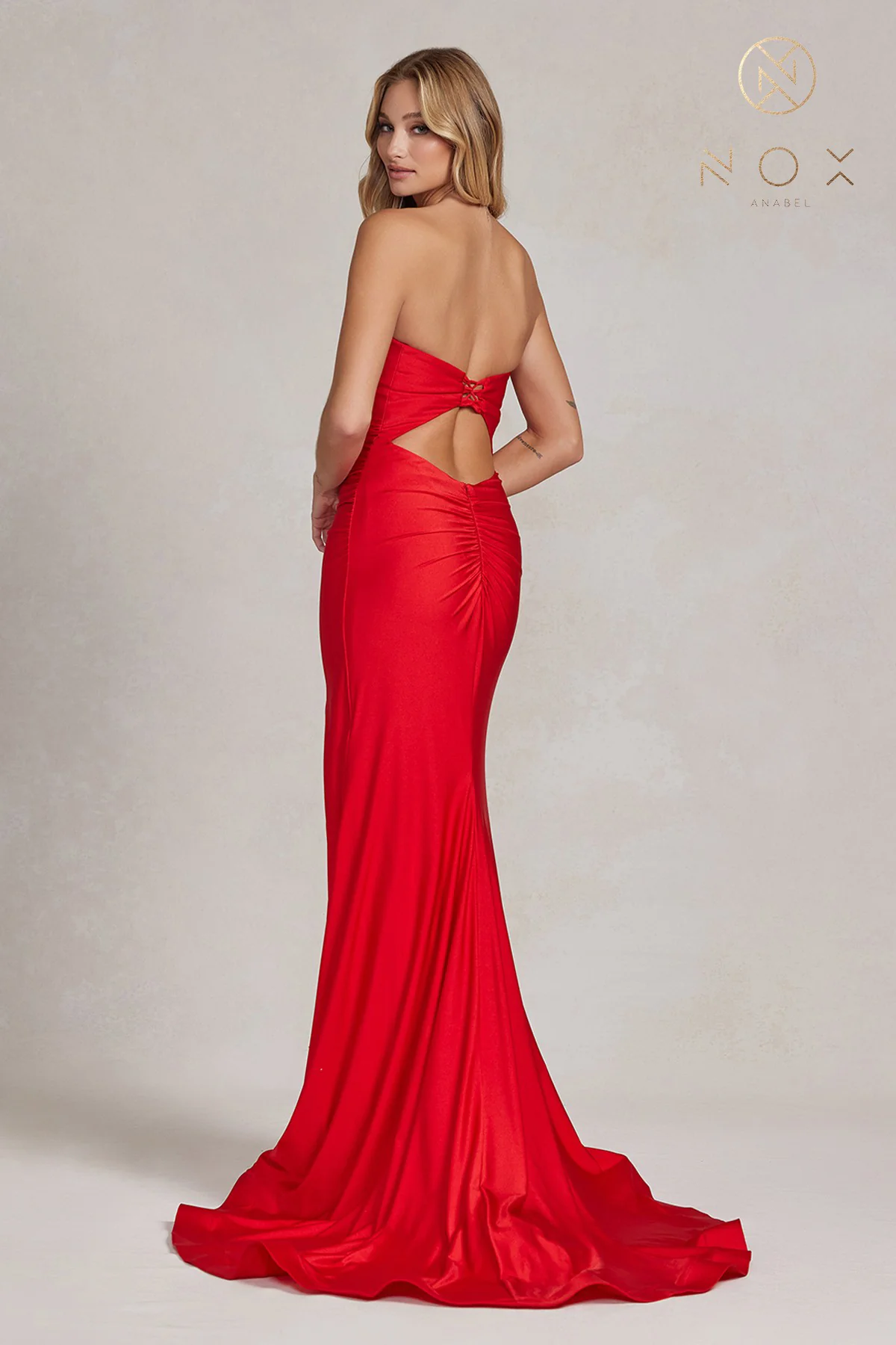 Strapless Ruched Satin Prom Dress with Lace-Up Back & High Slit by Nox Anabel T1139 - Image 16