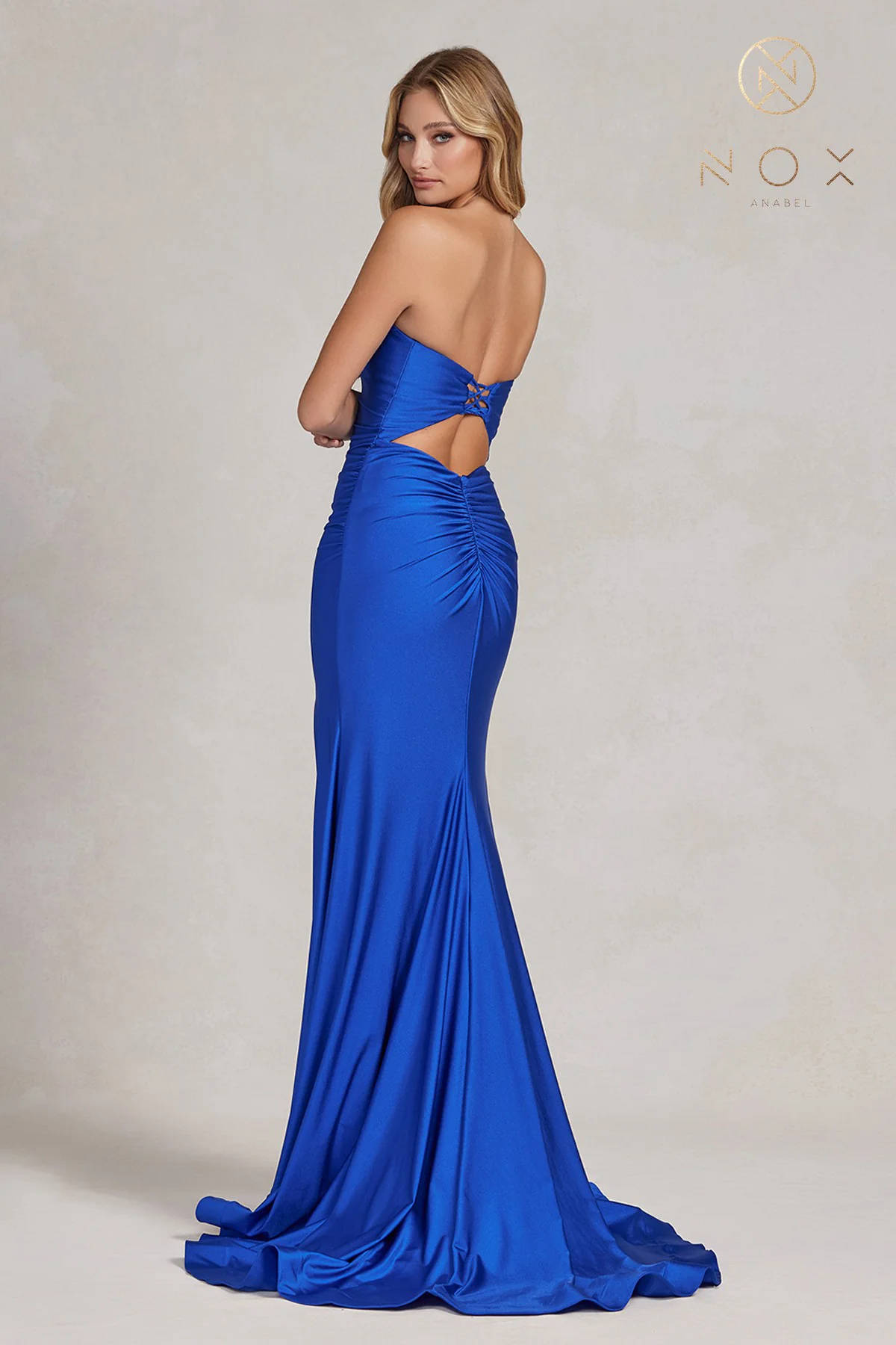 Strapless Ruched Satin Prom Dress with Lace-Up Back & High Slit by Nox Anabel T1139 - Image 19
