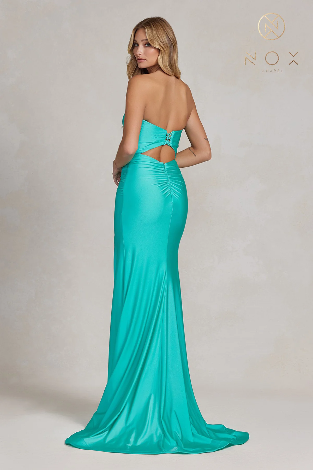 Strapless Ruched Satin Prom Dress with Lace-Up Back & High Slit by Nox Anabel T1139 - Image 7