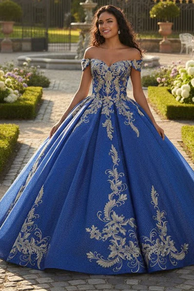 Off Shoulder Corset Back Embroidery Quince Gown - Image 4