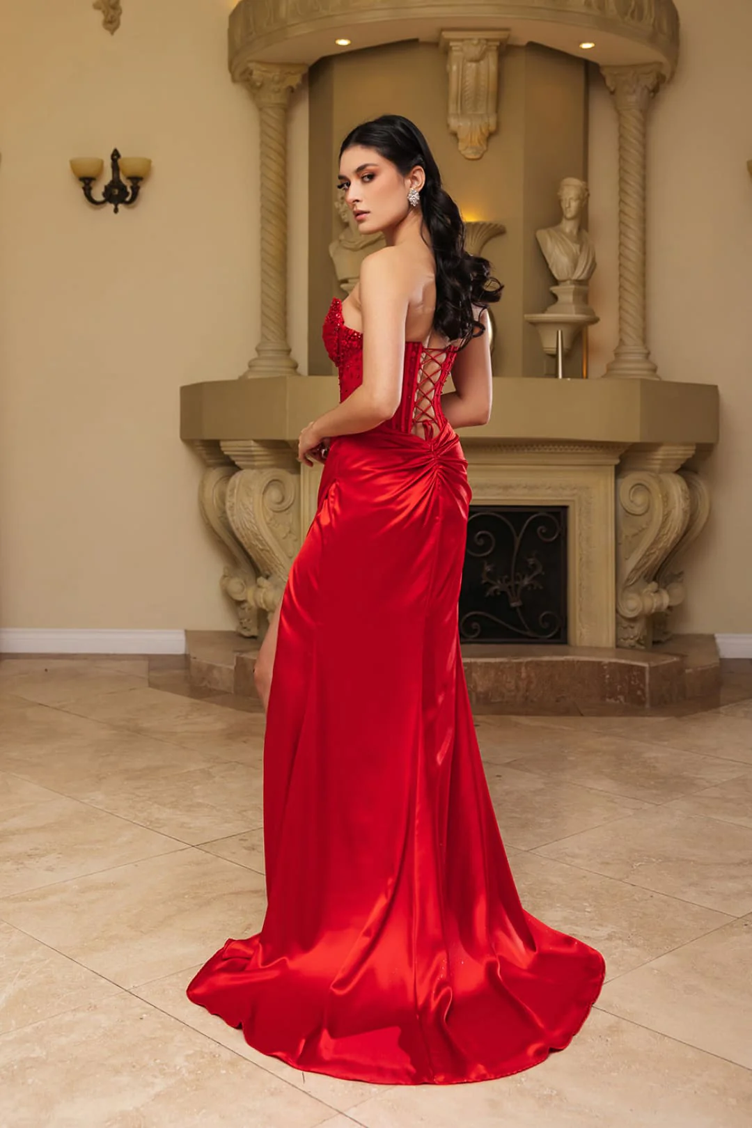 Sweetheart Prom Dress Beaded Corset Slit Satin Formal Evening Gown - Image 7