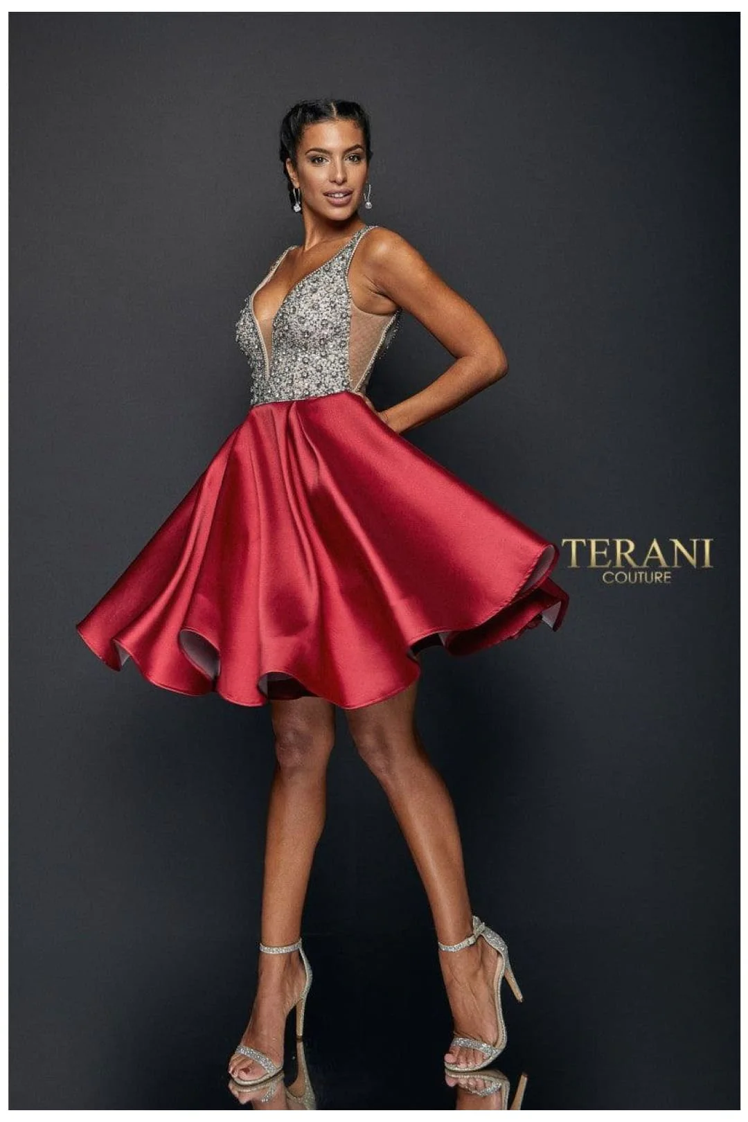 Terani Couture 1821H7771 Glamorous Formal Cocktail Illusion Evening Matte Satin Dress