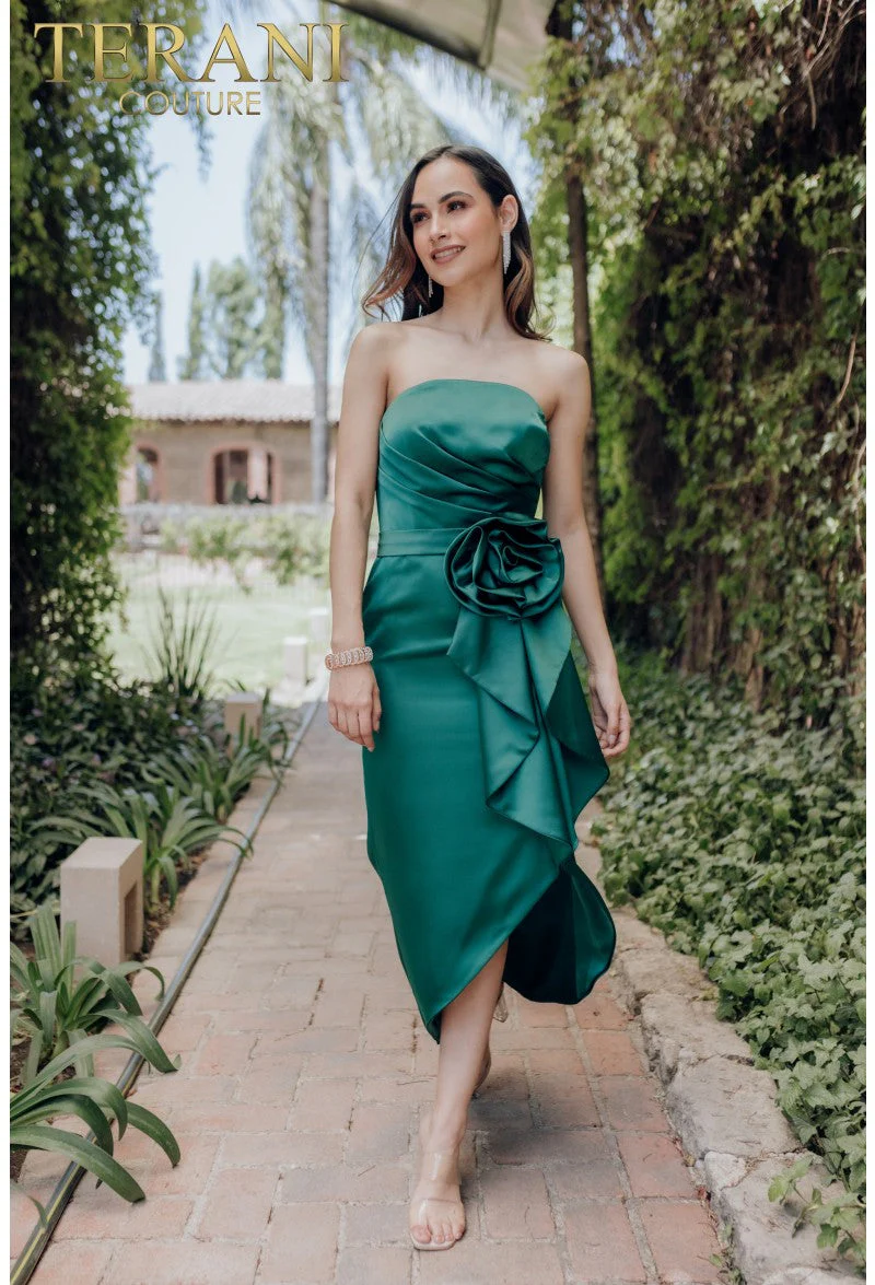 Terani Couture 232C1122 Elegant Evening Strapless High-Low Pleated Formal Satin Dress