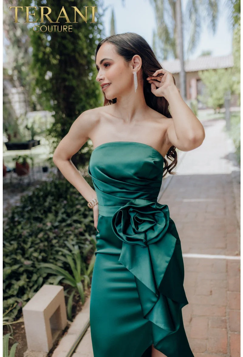 Terani Couture 232C1122 Elegant Evening Strapless High-Low Pleated Formal Satin Dress - Image 2