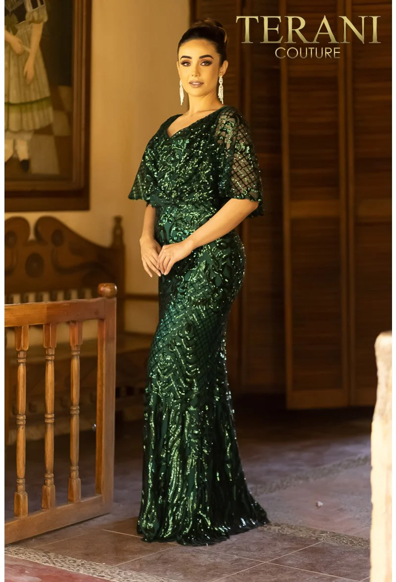 Terani Couture 232M1516 Mother of the Bride Wedding Sequined Cape Formal Sequin Dress
