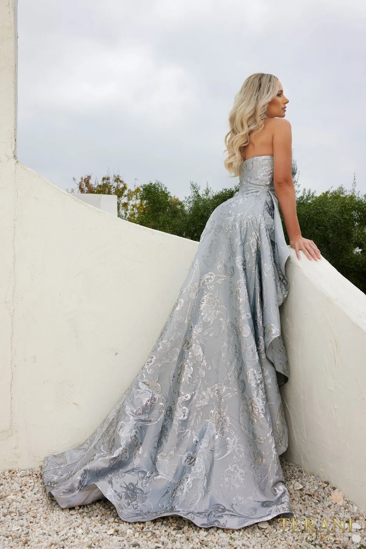 Terani Couture 241E2487 Sophisticated Evening Strapless A-Line Silver Jacquard Dress - Image 2