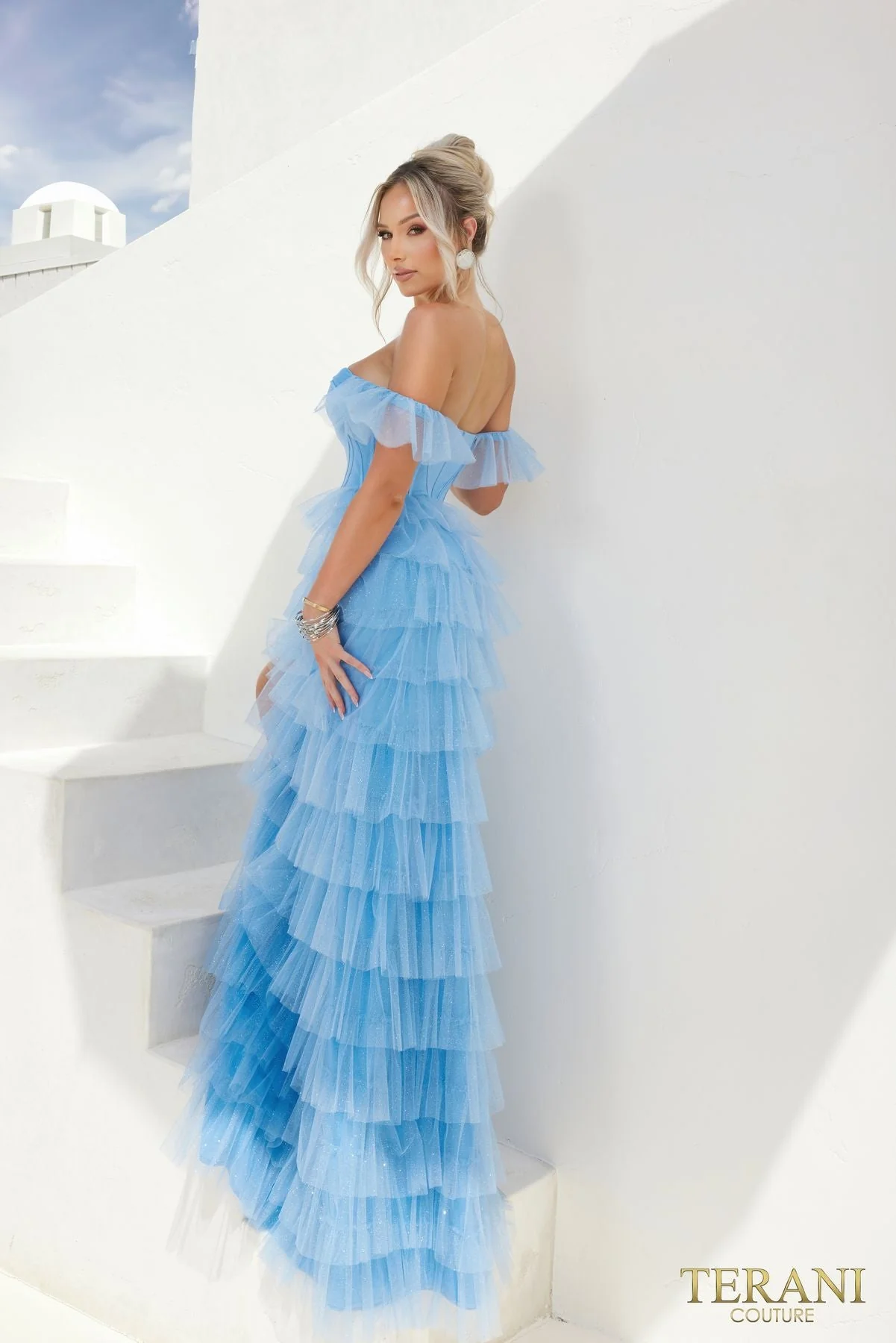 Terani Couture 241P2211 Glamorous Formal Prom Off-Shoulder Blue Evening Glitter Dress - Image 2