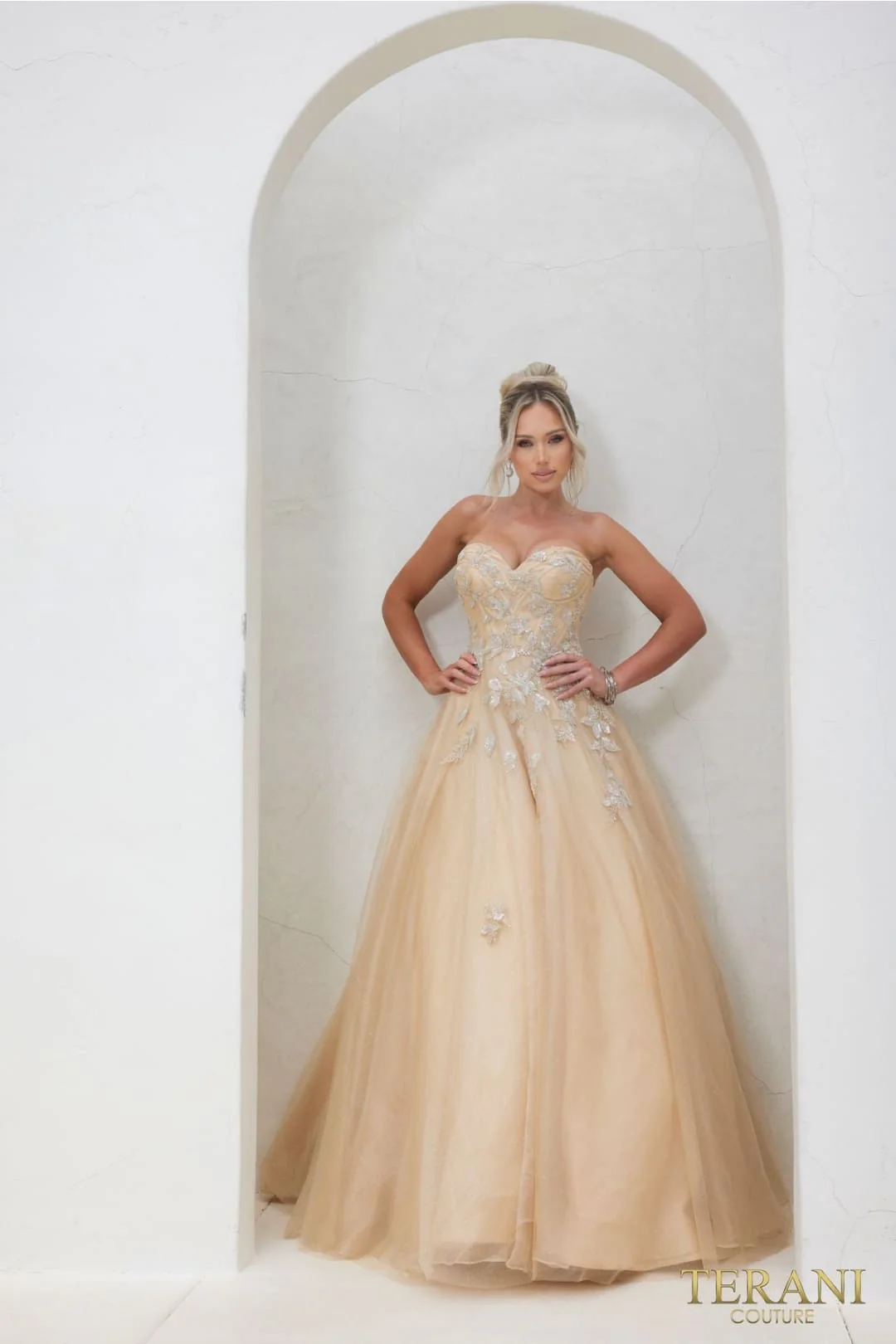 Terani Couture 241P2216 Prom Strapless BallDress Champagne Formal Glitter Tulle Dress