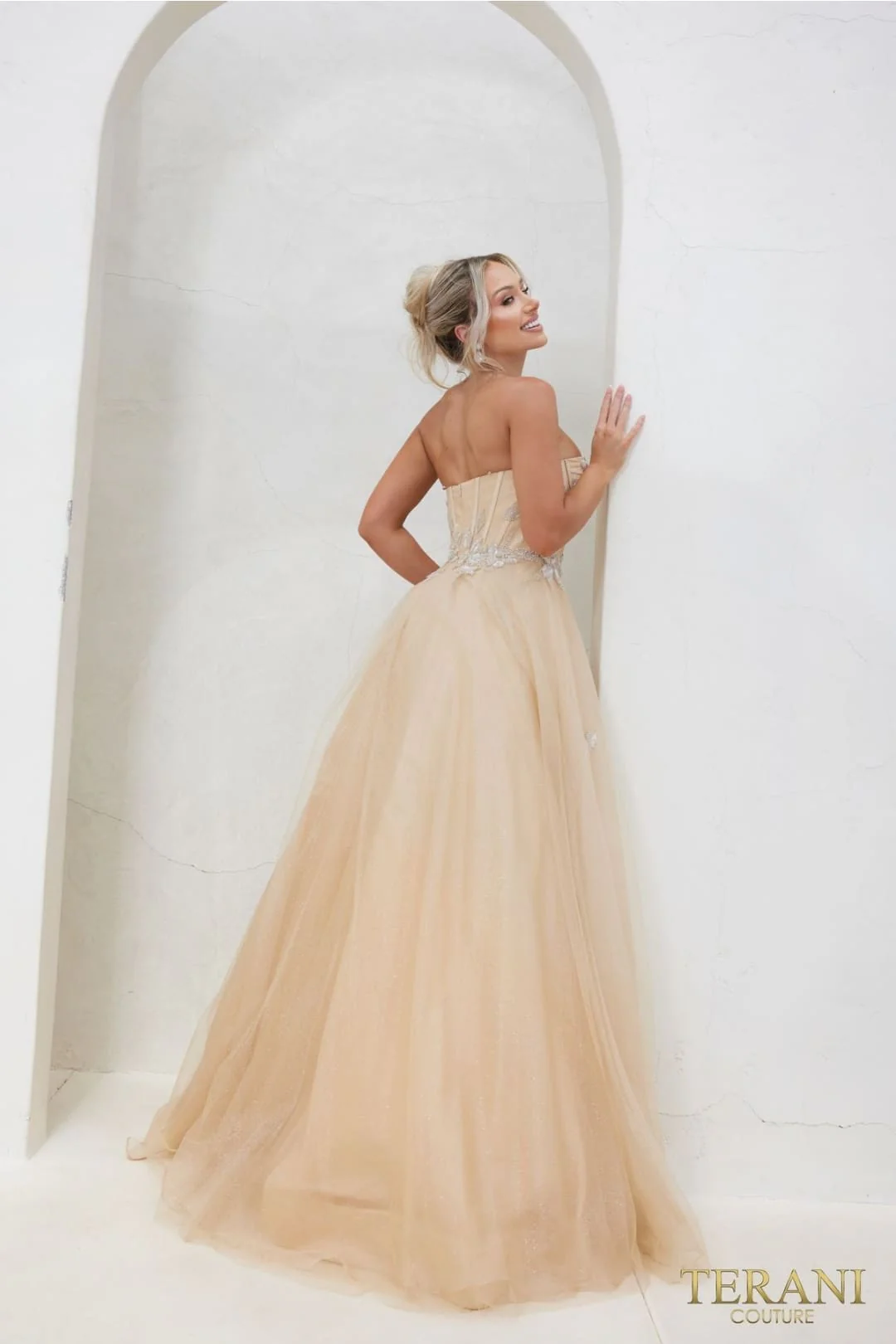 Terani Couture 241P2216 Prom Strapless BallDress Champagne Formal Glitter Tulle Dress - Image 2