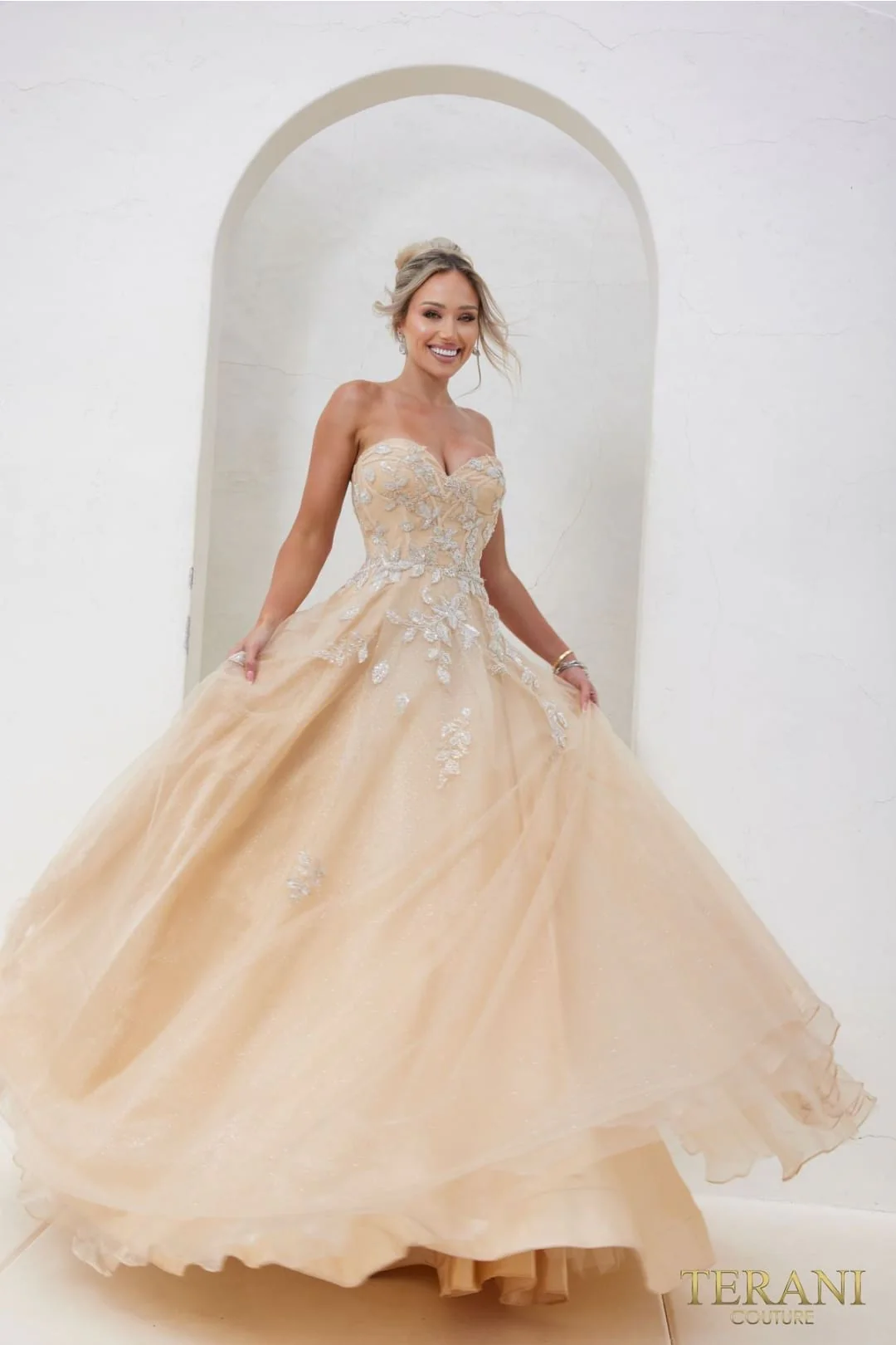 Terani Couture 241P2216 Prom Strapless BallDress Champagne Formal Glitter Tulle Dress - Image 3