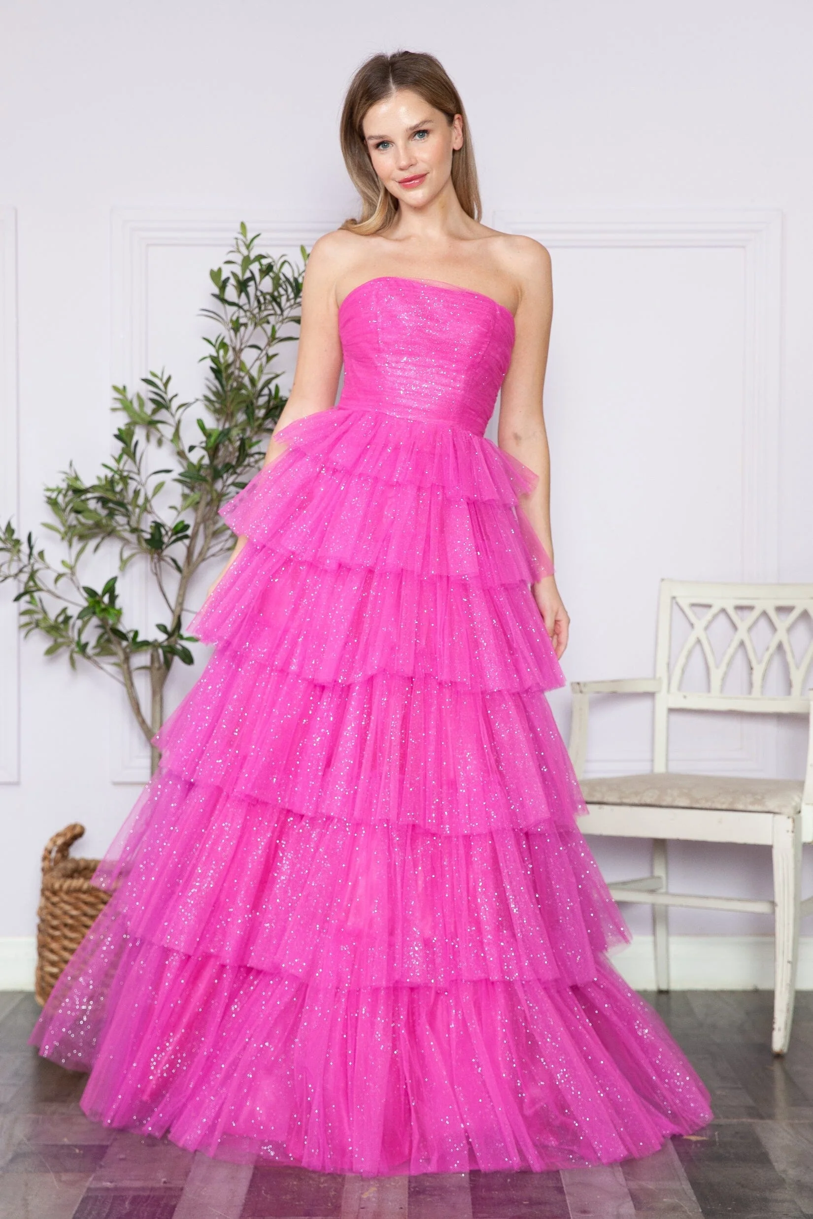 Poly USA 9386 Tiered Strapless Glitter A-line Gown - Image 12
