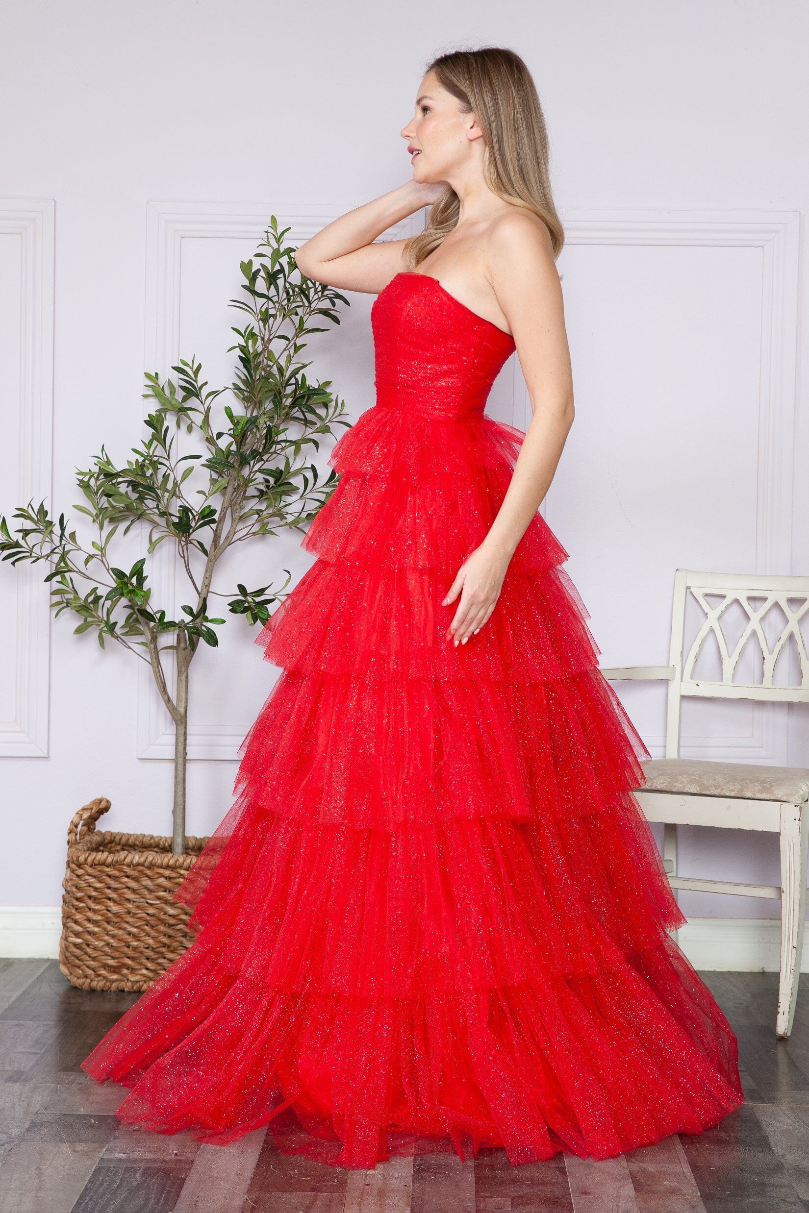 Poly USA 9386 Tiered Strapless Glitter A-line Gown - Image 8