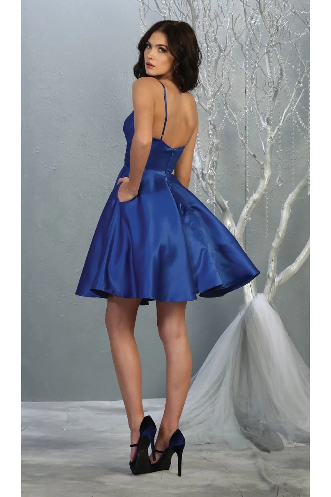 V Neck Simple Satin Short Hoco Dress - Image 10