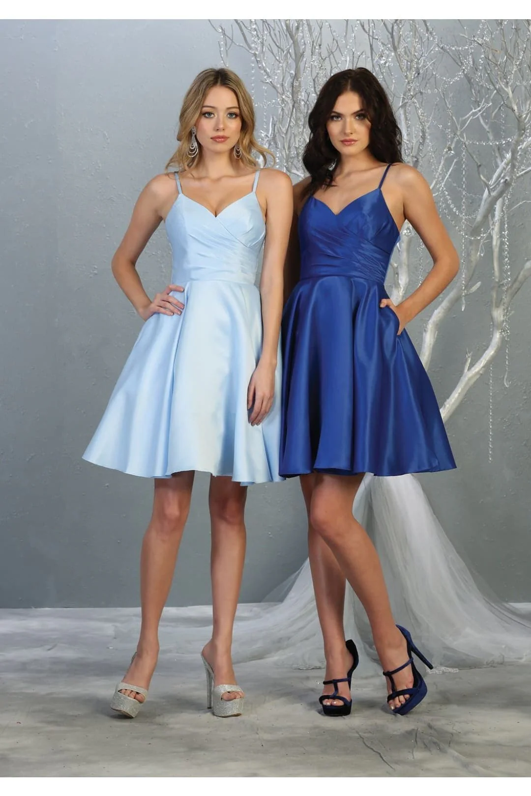 V Neck Simple Satin Short Hoco Dress - Image 14