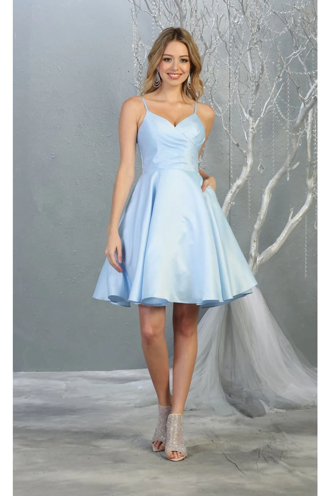 V Neck Simple Satin Short Hoco Dress - Image 6