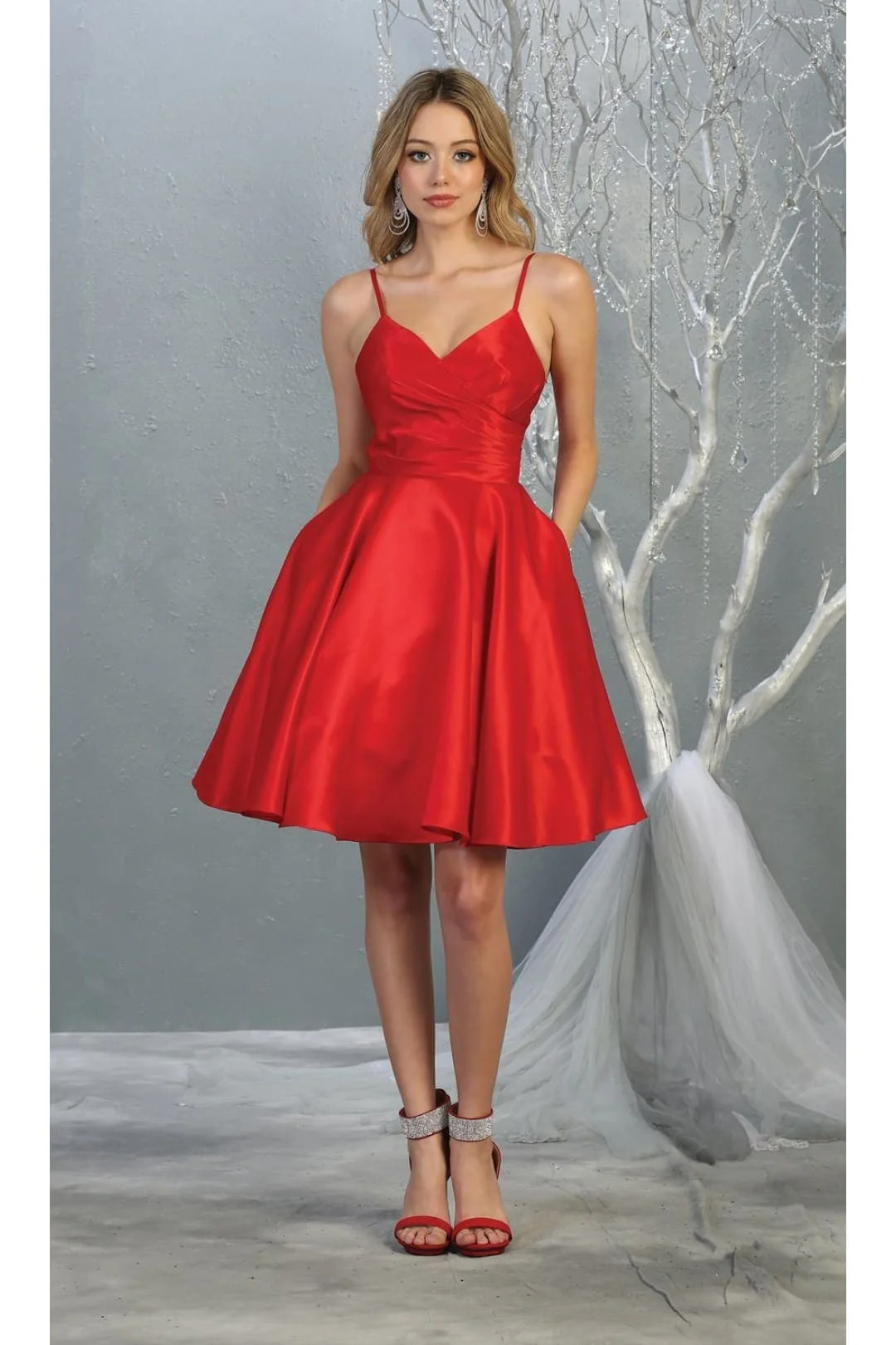 V Neck Simple Satin Short Hoco Dress - Image 7