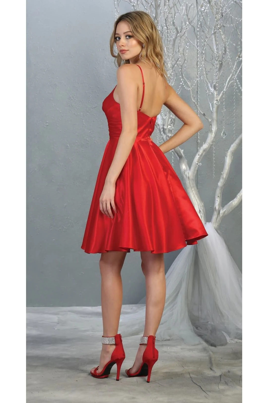 V Neck Simple Satin Short Hoco Dress - Image 8