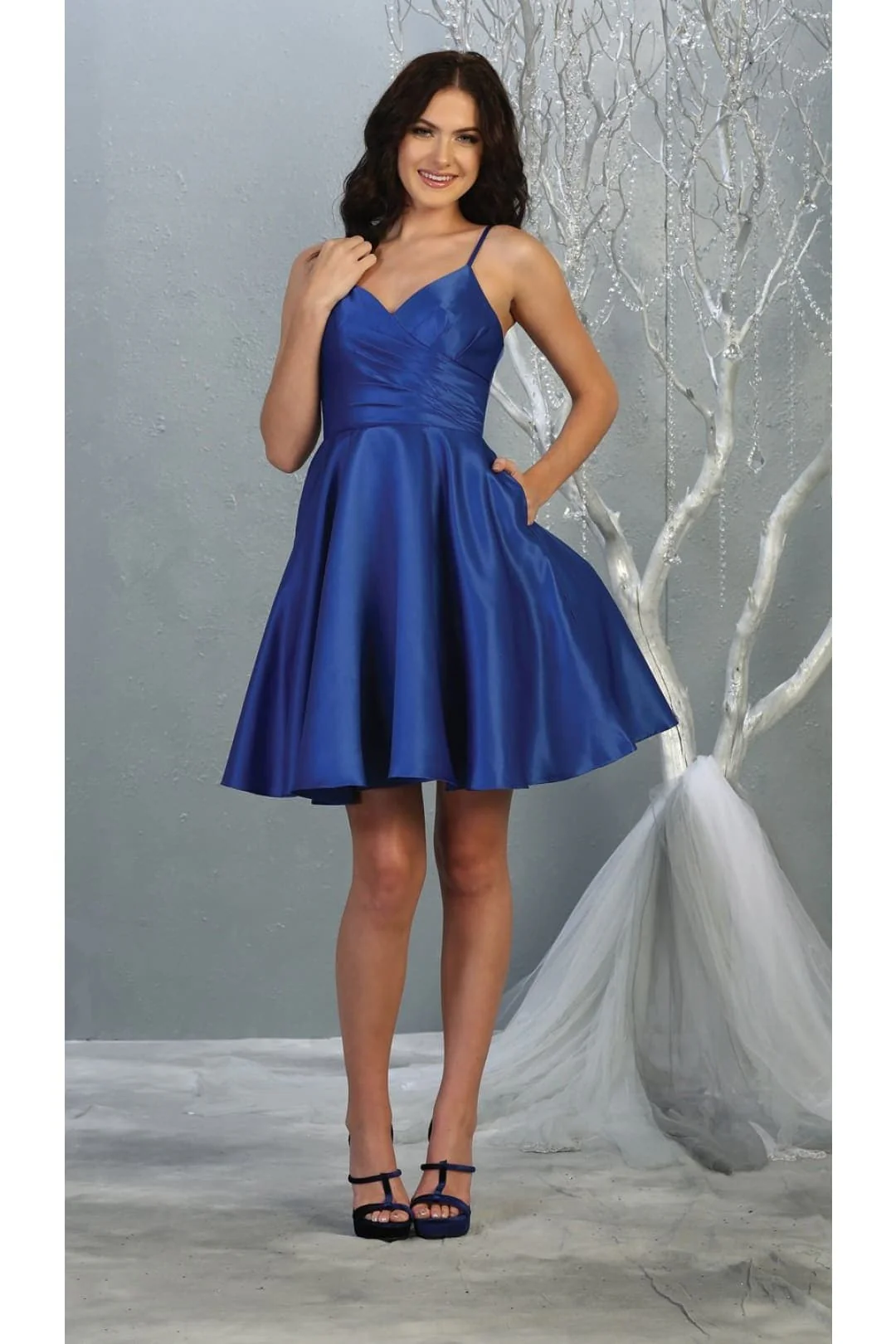 V Neck Simple Satin Short Hoco Dress - Image 9