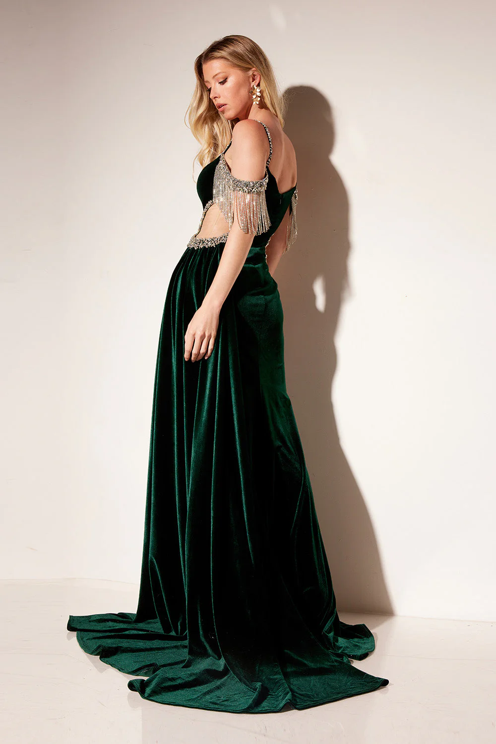 Velvet Fitted Off Shoulder Fringe Gown by Lucci Lu 1310 - Image 2