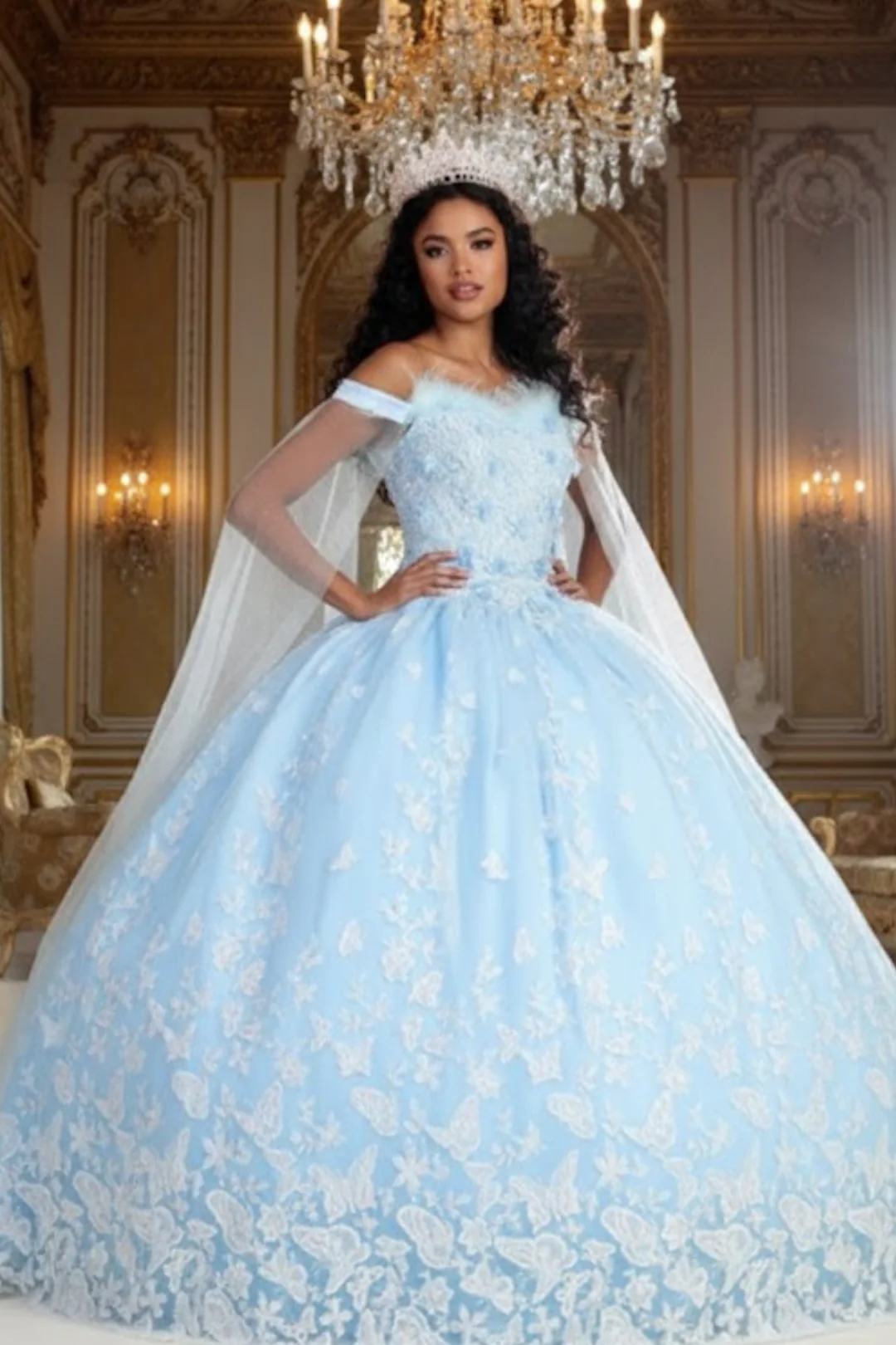 Glitter Butterfly Applique Cape Sleeves Quinceanera Gown - Image 3