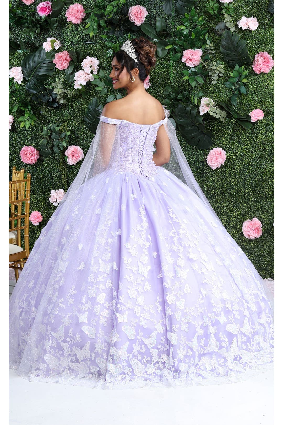 Glitter Butterfly Applique Cape Sleeves Quinceanera Gown - Image 10